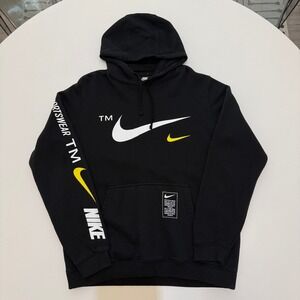 Nike Sportswear Swoosh Fleece Black White Yellow Pullover Hoodie Mens Large